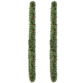 2 Pack 9FT Pre-lit Snow Flocked Christmas Garland, Lighted Artificial Xmas Garland with 200 Warm Lights and 440 Tips and Red Berries