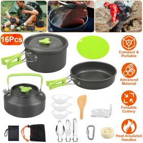 Set of 16Pcs Camping Cooking Ware Camping Stove Cookware Kit Aluminum Kettle with Bowls Knife Fork Spoon Carabiner Spatula Cutting Board for Hiki