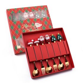 6pcs /Pack Christmas Cartoon Shape Stainless Steel Tableware (Color: Gold, Options: Style B Spoon Fork+Red Box)