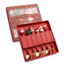 6pcs /Pack Christmas Cartoon Shape Stainless Steel Tableware (Color: Gold, Options: Style D Spoon Fork+Red Box)