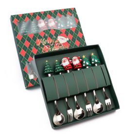 6pcs /Pack Christmas Cartoon Shape Stainless Steel Tableware (Color: Silver, Options: Style A Spoon Fork+Green Box)