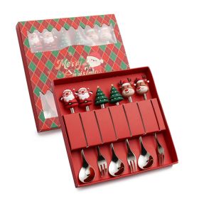6pcs /Pack Christmas Cartoon Shape Stainless Steel Tableware (Color: Silver, Options: Style C Spoon Fork+Red Box)